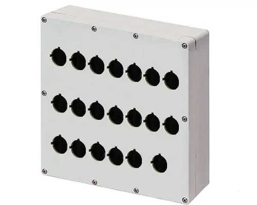 Produktfoto 1 von New Elfin 040C2325-8P20C, Bedienpult-Gehäuse Aluminium M4 230x257x80, 20 Bohrungen Ø 22, ohne Kabeleingang