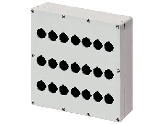 Produktfoto 1 von New Elfin 040C2325-8P21, Bedienpult-Gehäuse Aluminium M4 230x257x80, 21 Bohrungen Ø 22, ohne Kabeleingang
