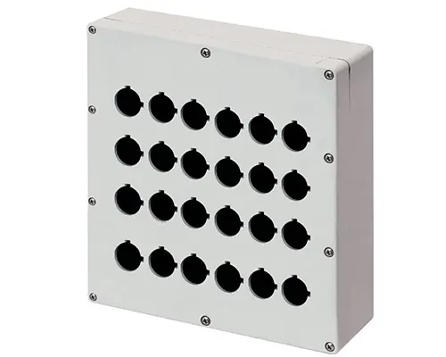 Produktfoto 1 von New Elfin 040C2325-8P24, Bedienpult-Gehäuse Aluminium M4 230x257x80, 24 Bohrungen Ø 22, ohne Kabeleingang