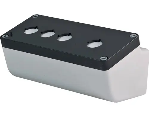 Produktfoto 1 von New Elfin 040L0820-8EP4LC, Abgeschrägtes Bedienpult-Gehäuse Aluminium 85x200x85, M10, 4 Bohrungen Ø 22, mit Kabeleingang