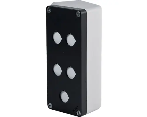 Produktfoto 1 von New Elfin 040L0820-8EP5C, Abgeschrägtes Bedienpult-Gehäuse Aluminium 85x200x85, M10, 5 Bohrungen Ø 22, mit Kabeleingang