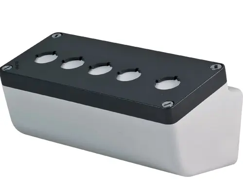 Produktfoto 1 von New Elfin 040L0820-8EP5LC, Abgeschrägtes Bedienpult-Gehäuse Aluminium 85x200x85, M10, 5 Bohrungen Ø 22, mit Kabeleingang