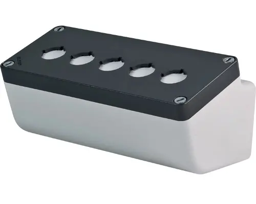 Produktfoto 1 von New Elfin 040L0820-8EP5L, Abgeschrägtes Bedienpult-Gehäuse Aluminium 85x200x85, M10, 5 Bohrungen Ø 22, mit Kabeleingang