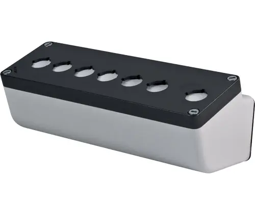 Produktfoto 1 von New Elfin 040L0826-8EP7LC, Abgeschrägtes Bedienpult-Gehäuse Aluminium 85x260x85, M10, 7 Bohrungen Ø 22, mit Kabeleingang