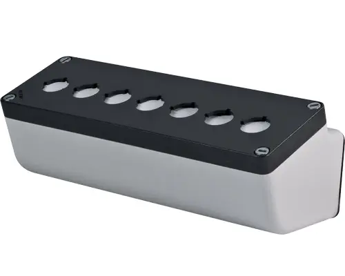 Produktfoto 1 von New Elfin 040L0826-8EP7L, Abgeschrägtes Bedienpult-Gehäuse Aluminium 85x260x85, M10, 7 Bohrungen Ø 22, mit Kabeleingang