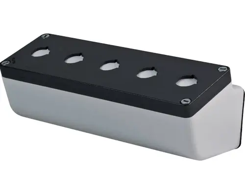 Produktfoto 1 von New Elfin 040L0826-8EP5, Abgeschrägtes Bedienpult-Gehäuse Aluminium 85x260x85, M10, 5 Bohrungen Ø 22, mit Kabeleingang