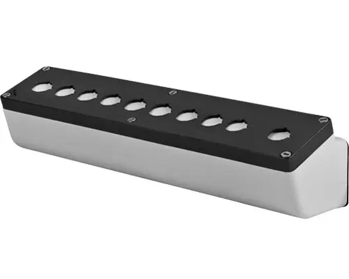 Produktfoto 1 von New Elfin 040L0836-8EP10L, Abgeschrägtes Bedienpult-Gehäuse Alu. 85x360x85, M10, 10 Bohrungen Ø 22, mit Kabeleingang