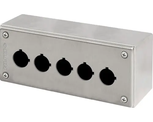 Produktfoto 1 von New Elfin 040X0820-8P5L, Bedienpult-Gehäuse Edelstahl 82x202x85, mit 5 Bohrungen Ø 22, ohne Kabeleingang