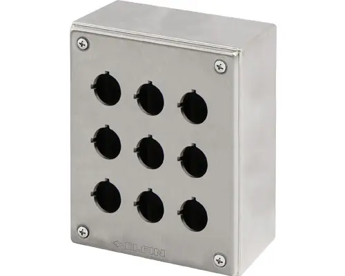 New Elfin 040X1418-1P9, Bedienpult-Gehäuse Edelstahl 140x180x100, mit 9 Bohrungen Ø 22, ohne Kabeleingang