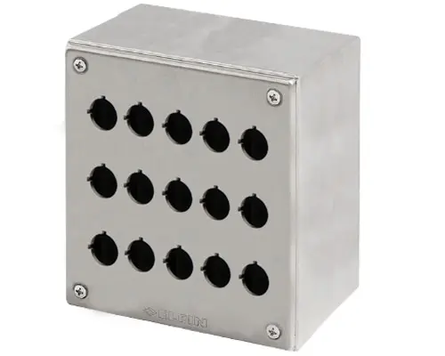 Produktfoto 1 von New Elfin 040X1820-1P15, Bedienpult-Gehäuse Edelstahl 180x200x100, mit 15 Bohrungen Ø 22, ohne Kabeleingang
