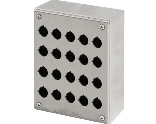 Produktfoto 1 von New Elfin 040X1826-1P20, Bedienpult-Gehäuse Edelstahl 180x260x100, mit 20 Bohrungen Ø 22, ohne Kabeleingang