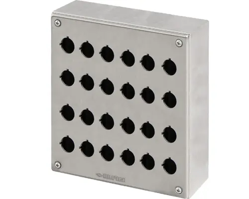 Produktfoto 1 von New Elfin 040X2326-1P24, Bedienpult-Gehäuse Edelstahl 230x260x100, mit 24 Bohrungen Ø 22, ohne Kabeleingang