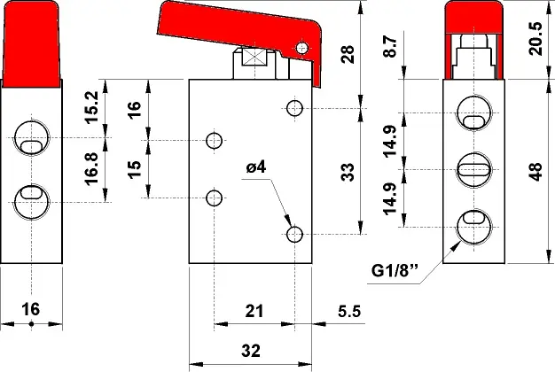 Produktfoto 1 von AZ Pneumatica 451 MGR, Kolbenschieber-Wegeventil, 16 mm 5/2 1/8" Taster ROT