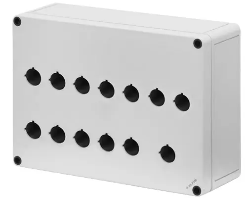 Produktfoto 1 von New Elfin 080C1825-9P13C, Bedienpult-Gehäuse aus Polycarbonat 180x254x90, 13 Bohrungen Ø 22