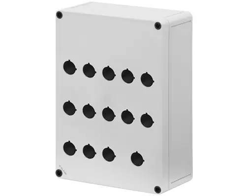 Produktfoto 1 von New Elfin 080C1825-9P14C, Bedienpult-Gehäuse aus Polycarbonat 180x254x90, 14 Bohrungen Ø 22