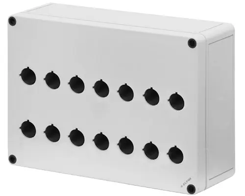Produktfoto 1 von New Elfin 080C1825-9P14, Bedienpult-Gehäuse aus Polycarbonat 180x254x90, 14 Bohrungen Ø 22