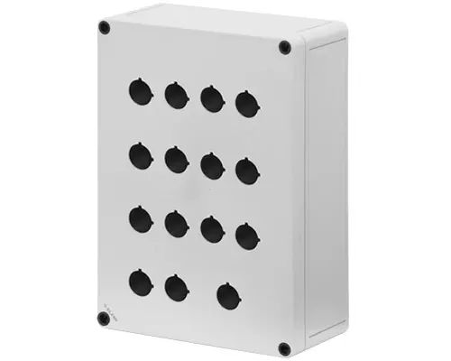 Produktfoto 1 von New Elfin 080C1825-9P15C, Bedienpult-Gehäuse aus Polycarbonat 180x254x90, 15 Bohrungen Ø 22