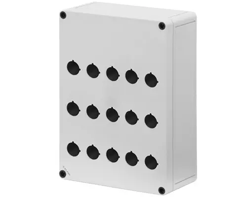Produktfoto 1 von New Elfin 080C1825-9P15, Bedienpult-Gehäuse aus Polycarbonat 180x254x90, 15 Bohrungen Ø 22