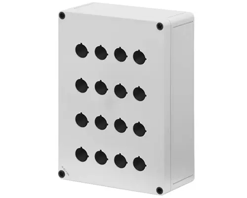 Produktfoto 1 von New Elfin 080C1825-9P16, Bedienpult-Gehäuse aus Polycarbonat 180x254x90, 16 Bohrungen Ø 22