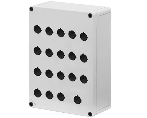 Produktfoto 1 von New Elfin 080C1825-9P19C, Bedienpult-Gehäuse aus Polycarbonat 180x254x90, 19 Bohrungen Ø 22