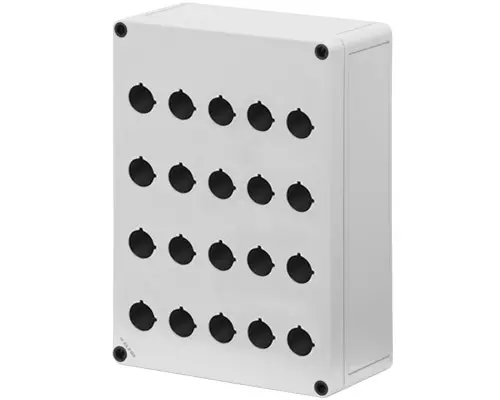 Produktfoto 1 von New Elfin 080C1825-9P20, Bedienpult-Gehäuse aus Polycarbonat 180x254x90, 20 Bohrungen Ø 22