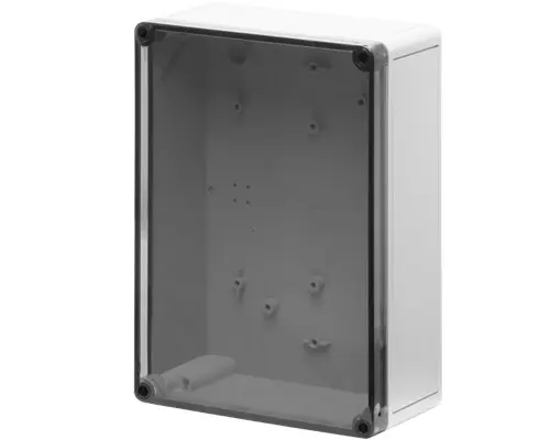 Produktfoto 1 von New Elfin 080C1825-9T, Bedienpult-Gehäuse aus Polycarbonat 180x254x90, ungebohrter Deckel, durchsichtig