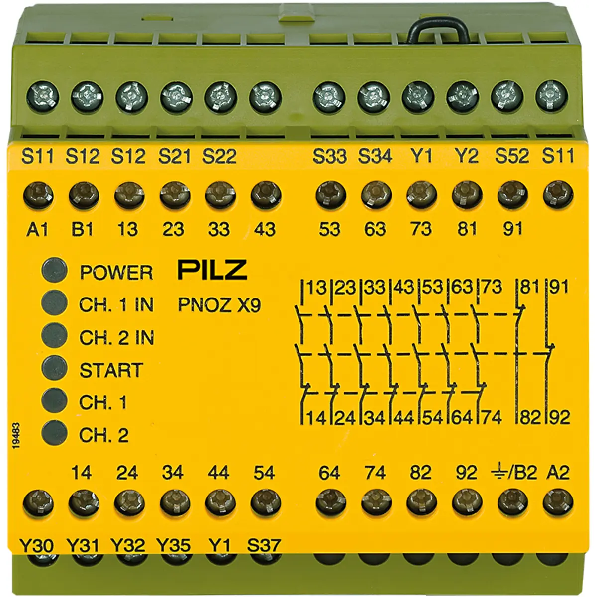 Produktfoto 1 von PILZ PNOZ X9 100-120VAC 24VDC 7n/o 2n/c 2so, Überwachung von Not-Halt