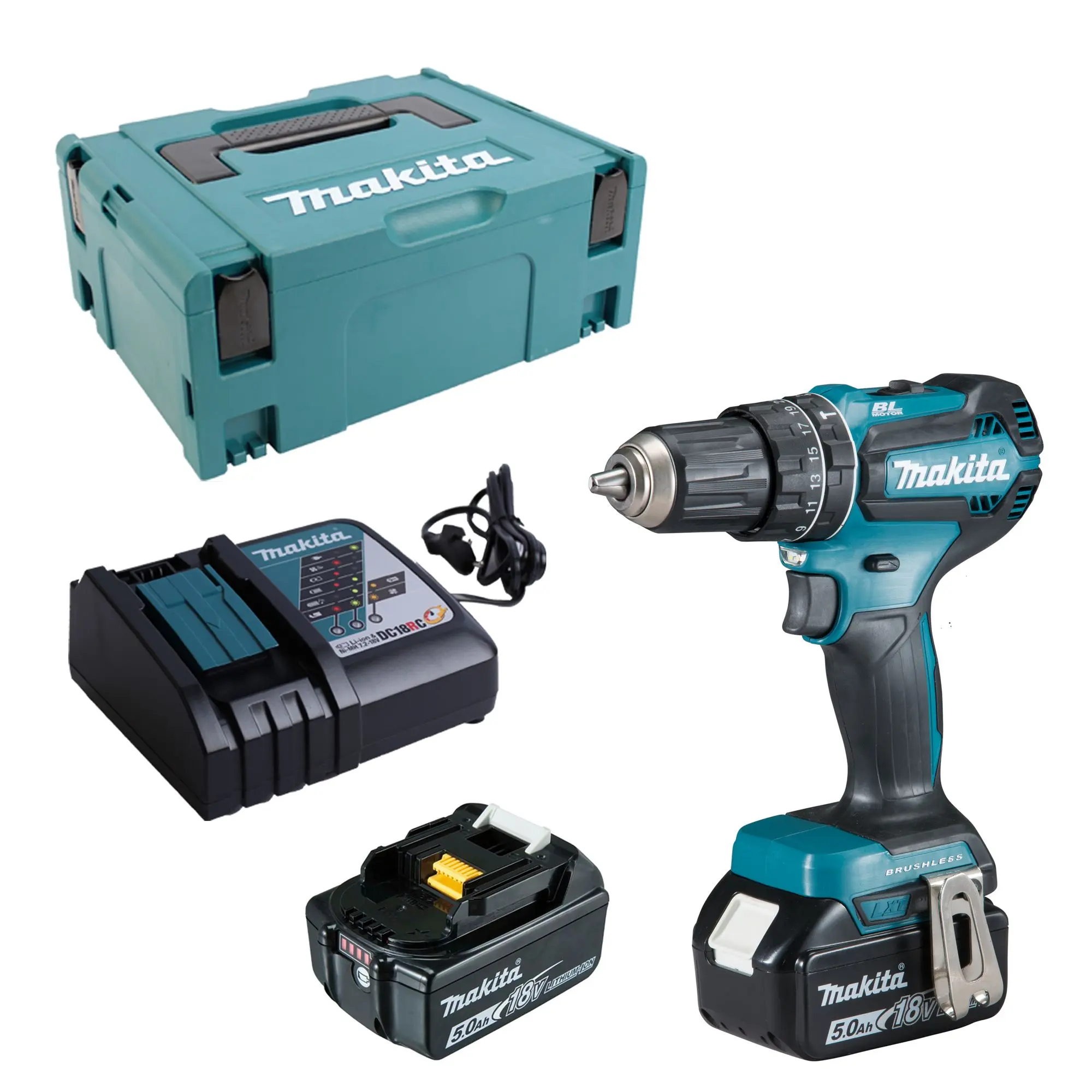 Produktfoto 1 von Makita DHP485RTJ, Schrauber Akku-Schlagbohrschrauber (Schwarz, Blau, 79)