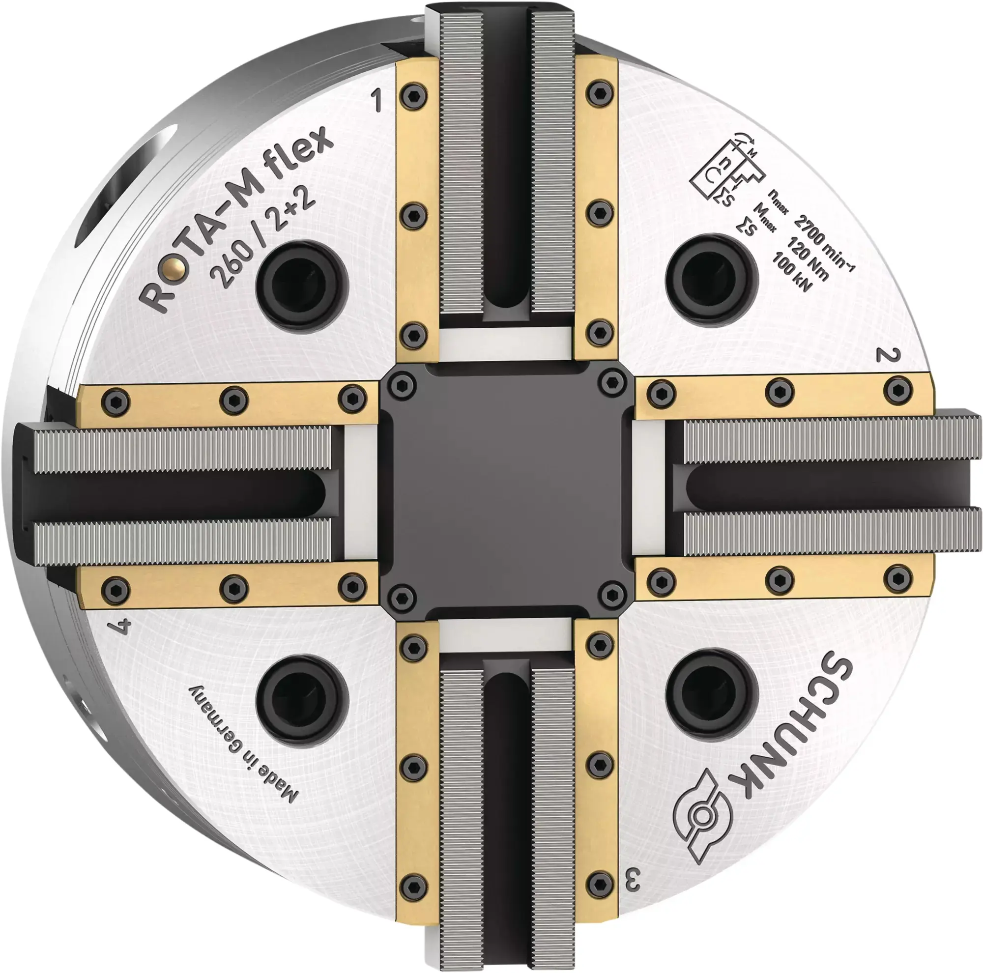 Produktfoto 1 von SCHUNK ROTA-M flex 2+2 260 Z220-SV90°, Flexibles 4-Backen-Ausgleichsfutter