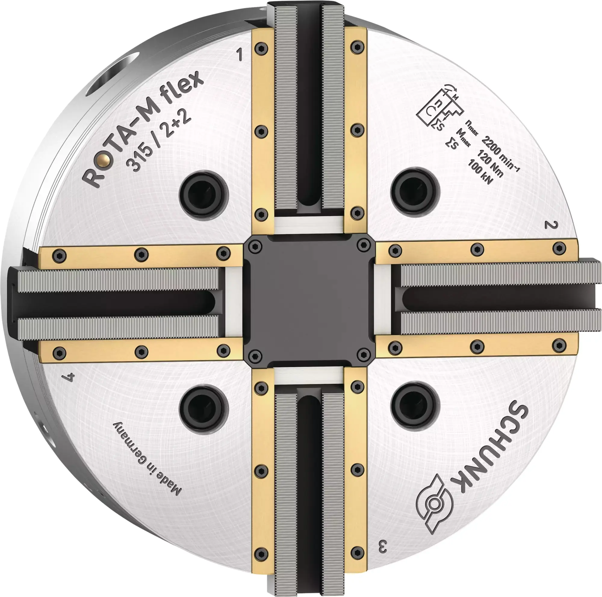 Produktfoto 1 von SCHUNK ROTA-M flex 2+2 315 Z220-SV90°, Flexibles 4-Backen-Ausgleichsfutter