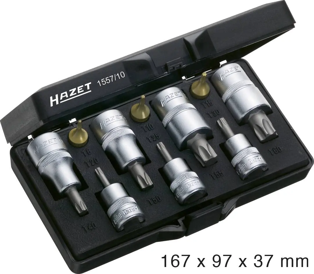 Produktfoto 1 von Hazet 1557/10, Steckschlüssel-Bit-Einsatz-Set (1/4", 1/2", 3/8") 10teilig