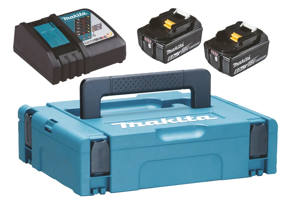 Produktfoto 1 von Makita 198116-4, DC18RC Ladegerät, BL1860Bx2 Batterien, Makpac 4
