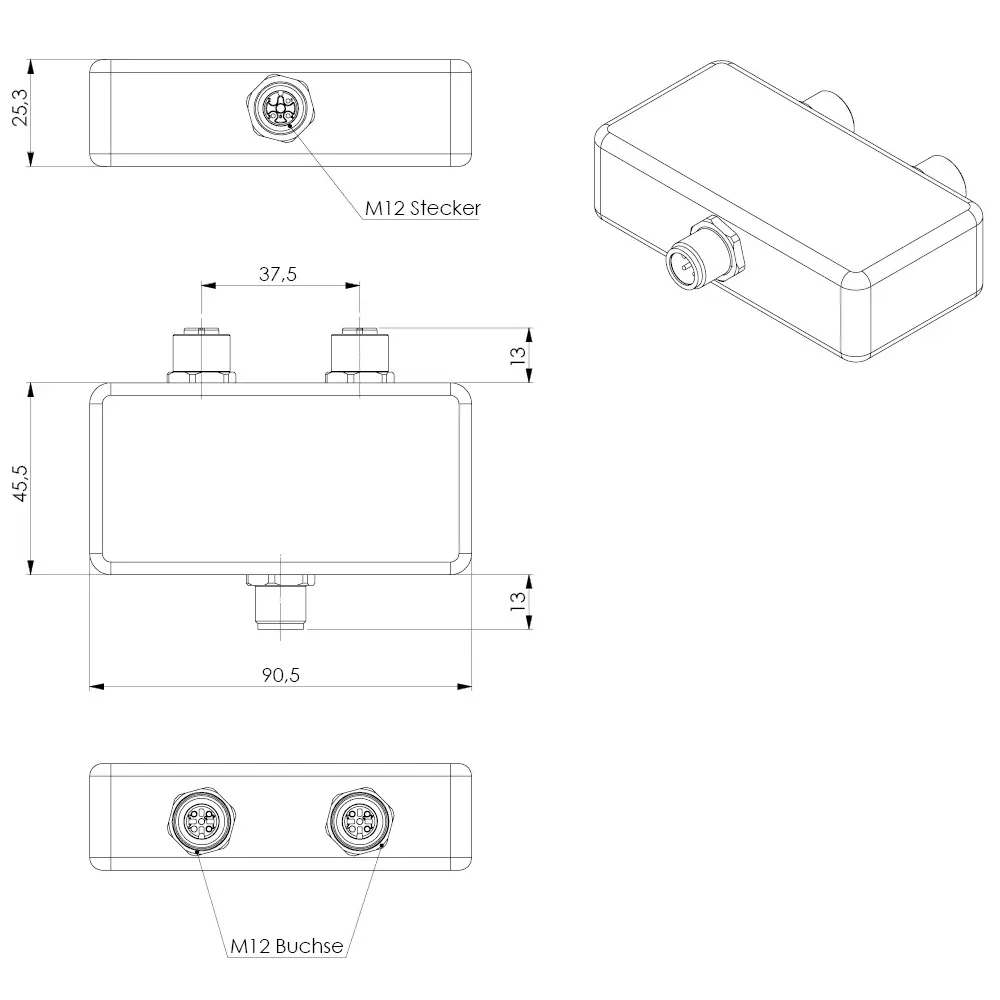 Produktfoto 1 von LED2WORK 200200-07, T-Stück M12 A kodiert, 24V DC, 6 A