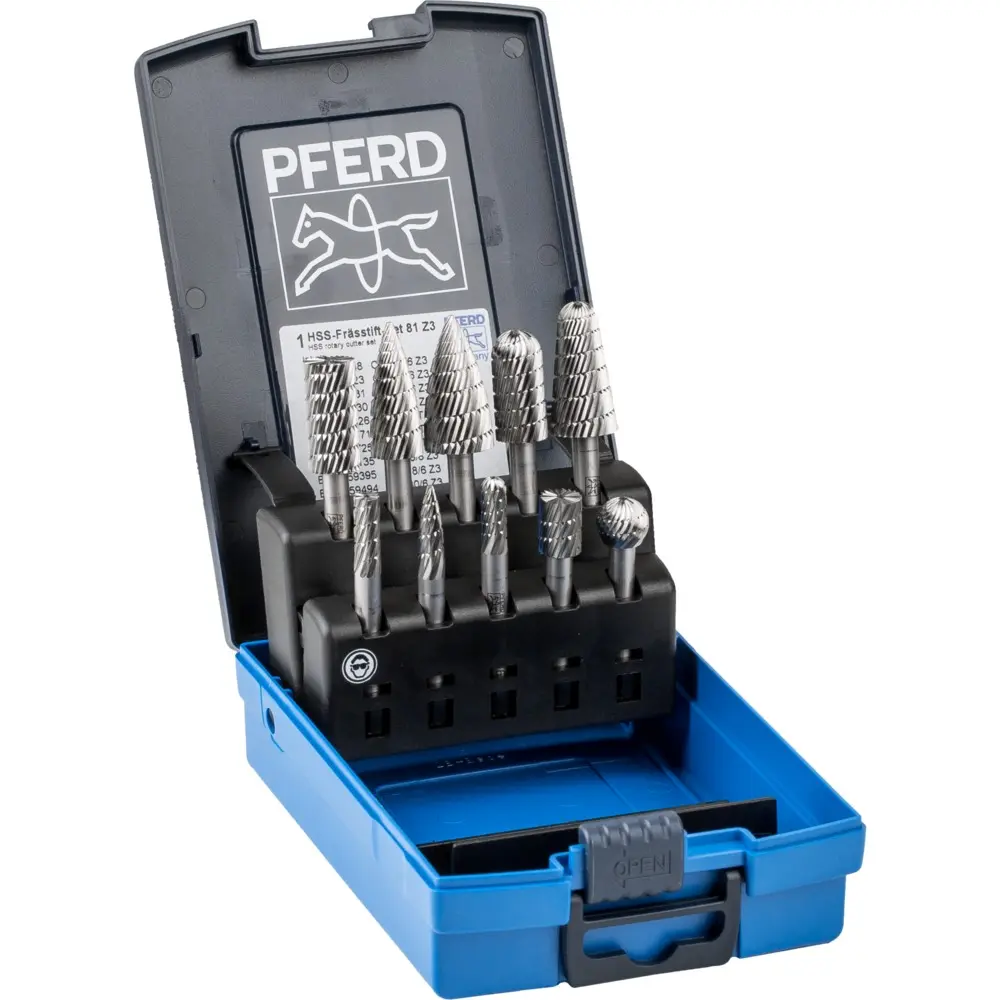 Produktfoto 1 von PFERD Tools 22900813, HSS Frässtift Set 81 10-tlg. Zahnung 3 Schaft-&Oslash; 6mm