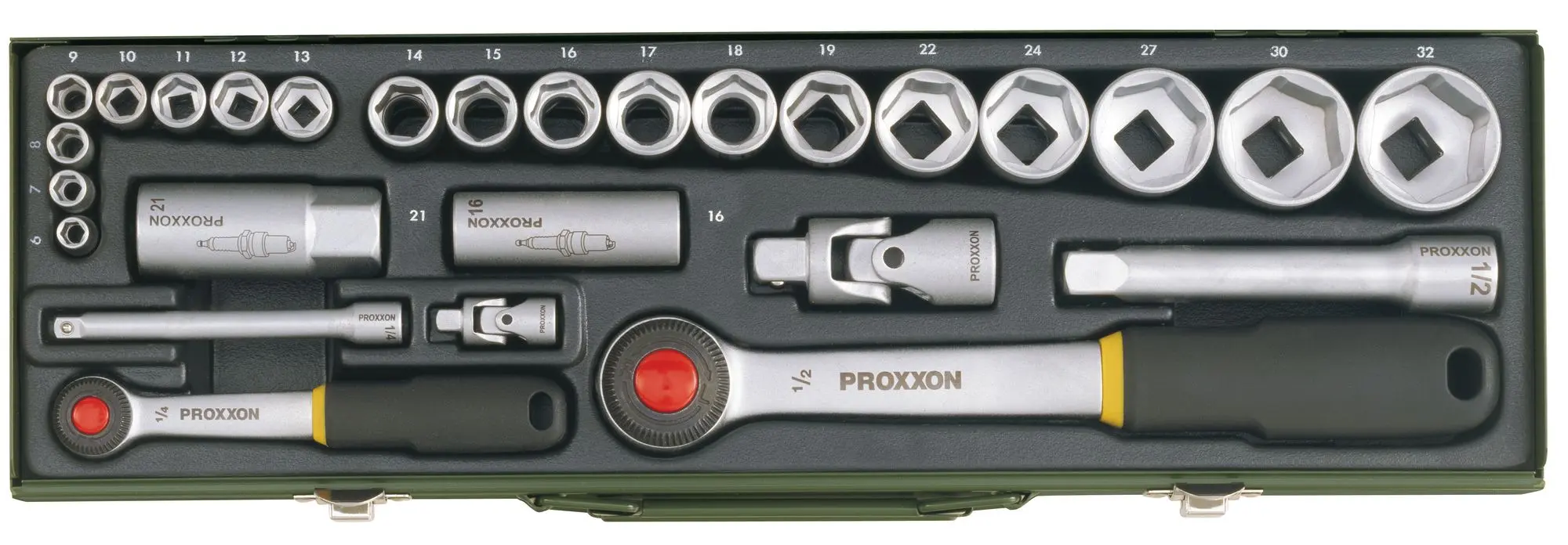 PROXXON 23020, PKW-Steckschlüsselsatz mit 1/4"- und 1/2"-Ratsche, 27-teilig