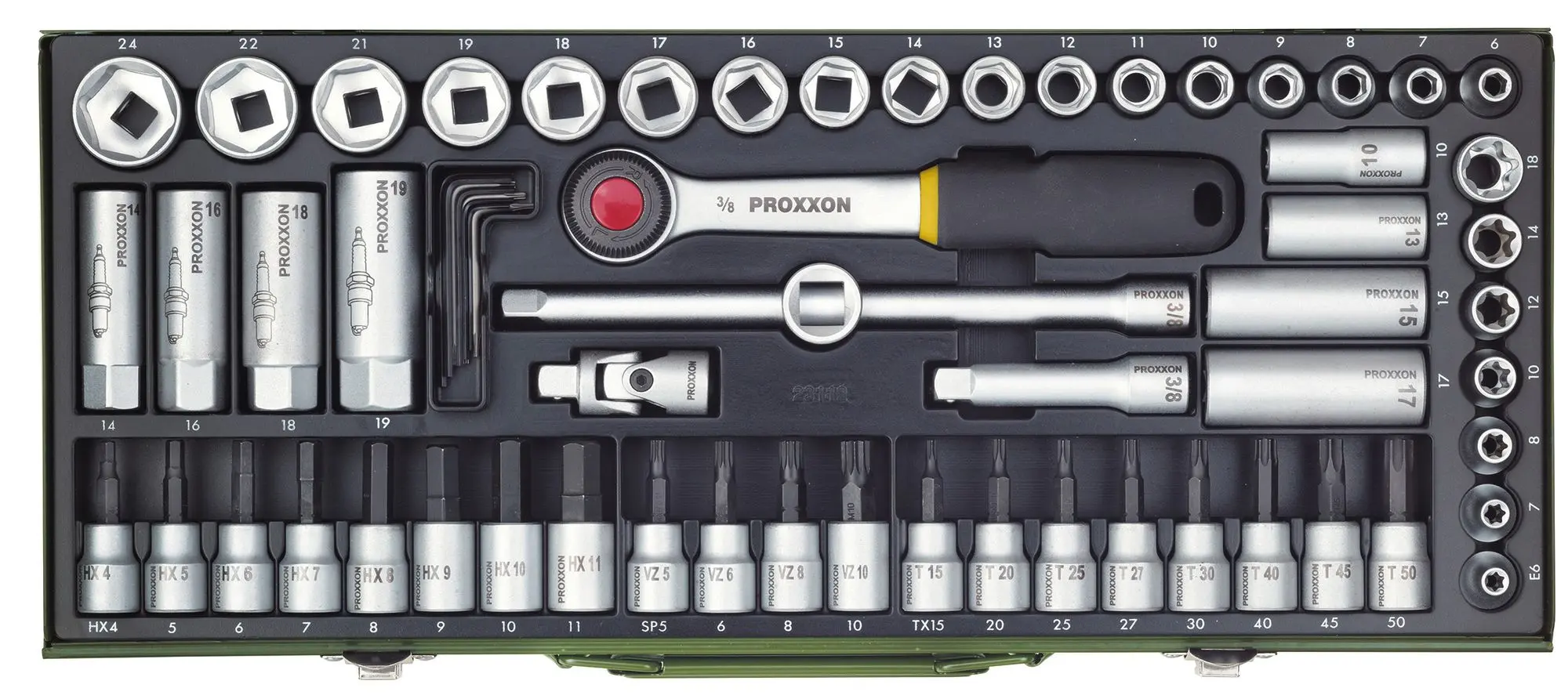 Produktfoto 1 von PROXXON 23112, Super-Kompaktsatz mit 3/8''-Ratsche, 65-teilig