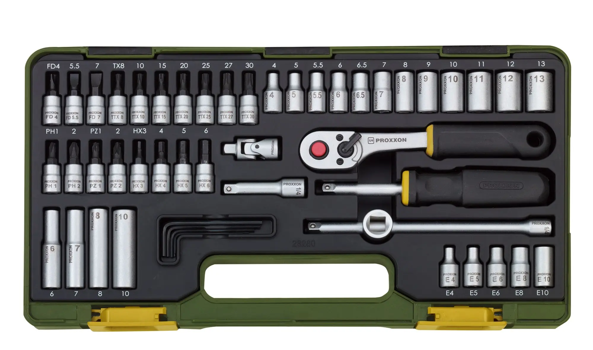 Produktfoto 1 von PROXXON 23280, Feinmechanikersatz mit Knüppelratsche 1/4", 50-teilig