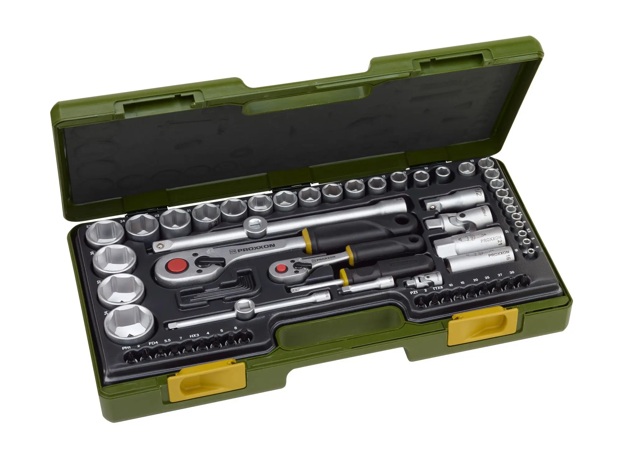 Produktfoto 1 von PROXXON 23286, Komplettsatz mit Knüppelratschen 1/4'' und 1/2'', 65-teilig