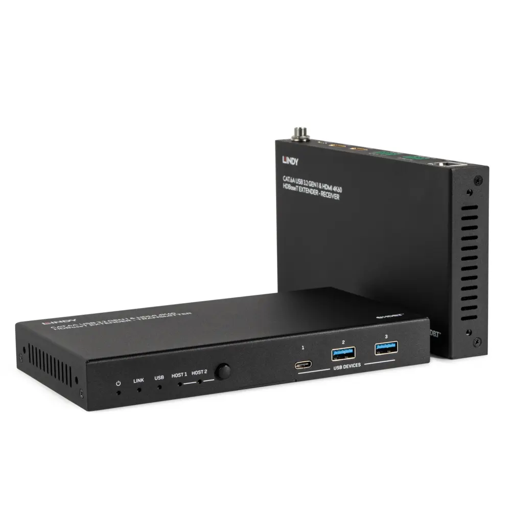 Produktfoto 1 von LINDY 39365, 100m Cat.6A 2 Host USB 3.2 Gen 1 & HDMI 4K60 HDBaseT Extender