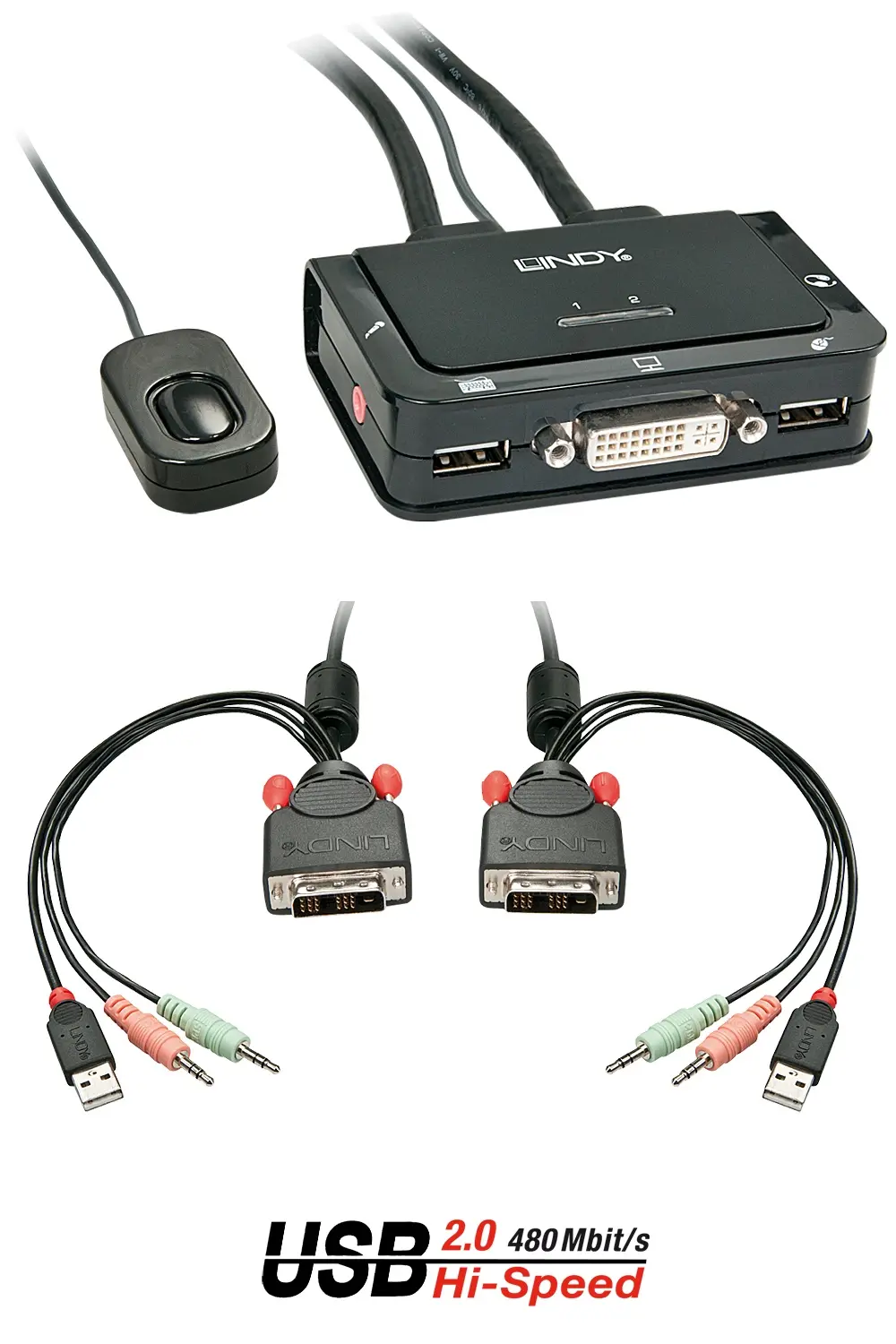 Produktfoto 1 von LINDY 42341, 2 Port KVM Switch Compact, DVI-D Single Link, USB 2.0 & Audio
