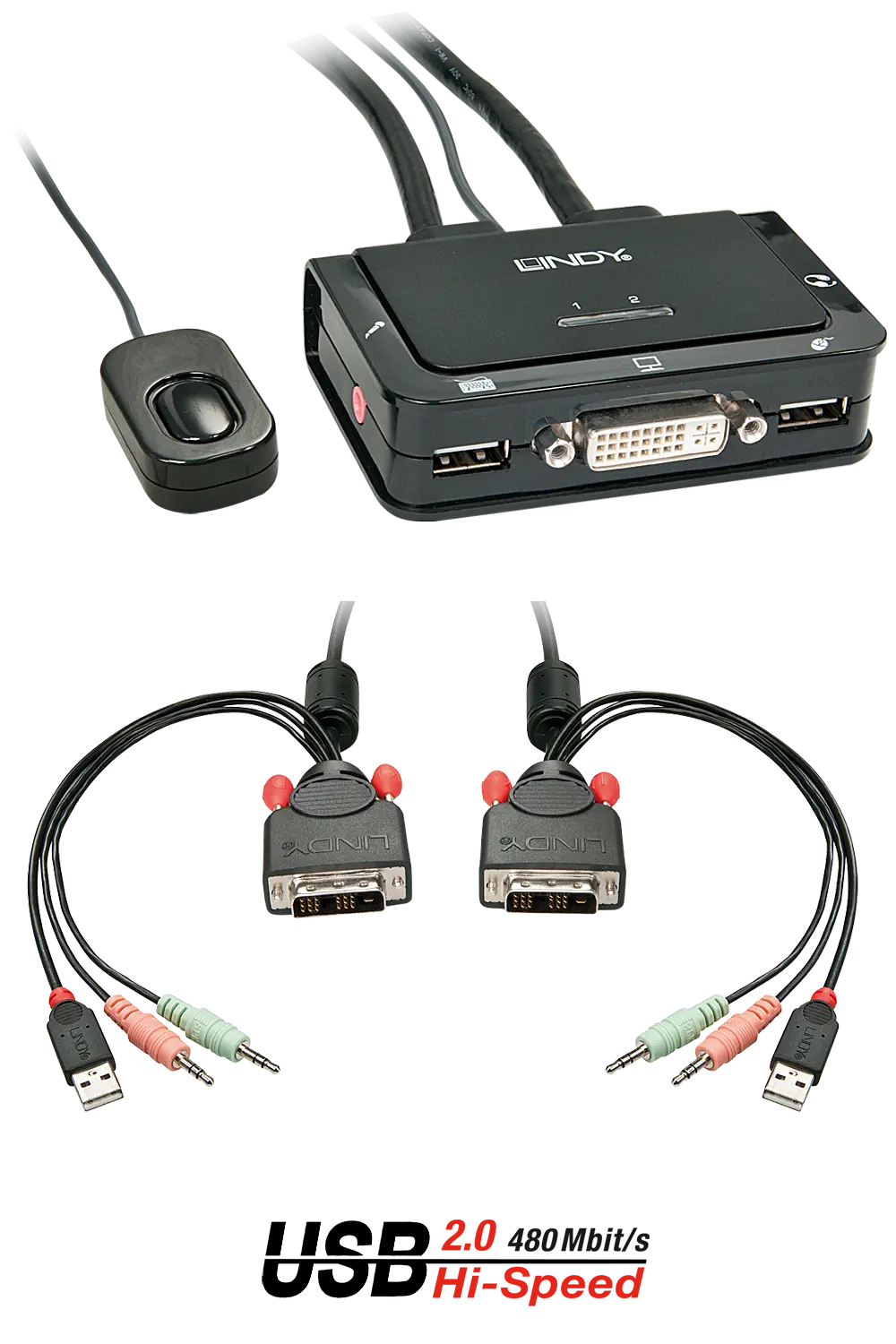 Produktfoto 1 von LINDY 42341, 2 Port KVM Switch Compact, DVI-D Single Link, USB 2.0 & Audio