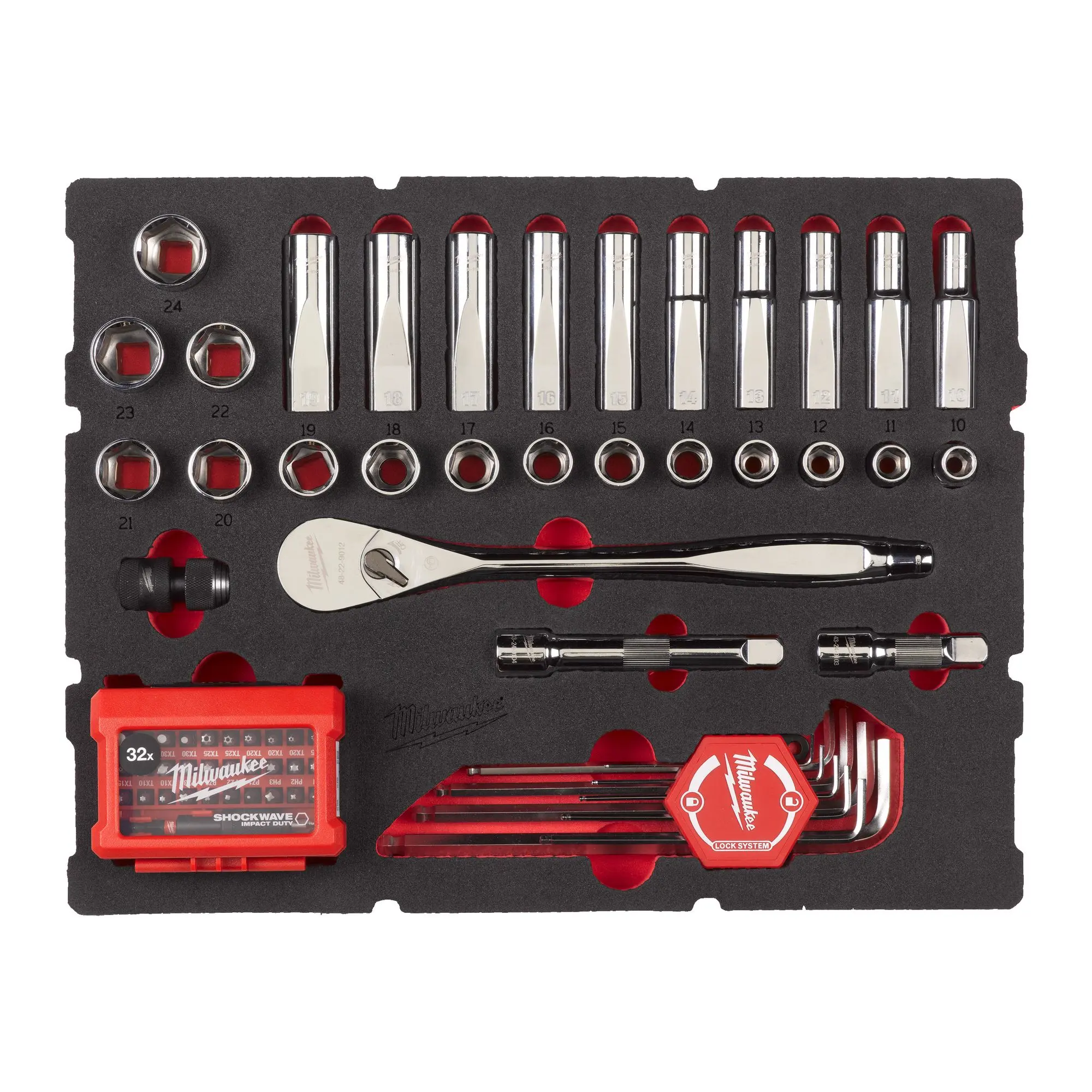 Produktfoto 1 von Milwaukee PACKOUT 1/2'' Ratschen, SHOCKWAVE Bits 70 tlg., SKU: 4932480716