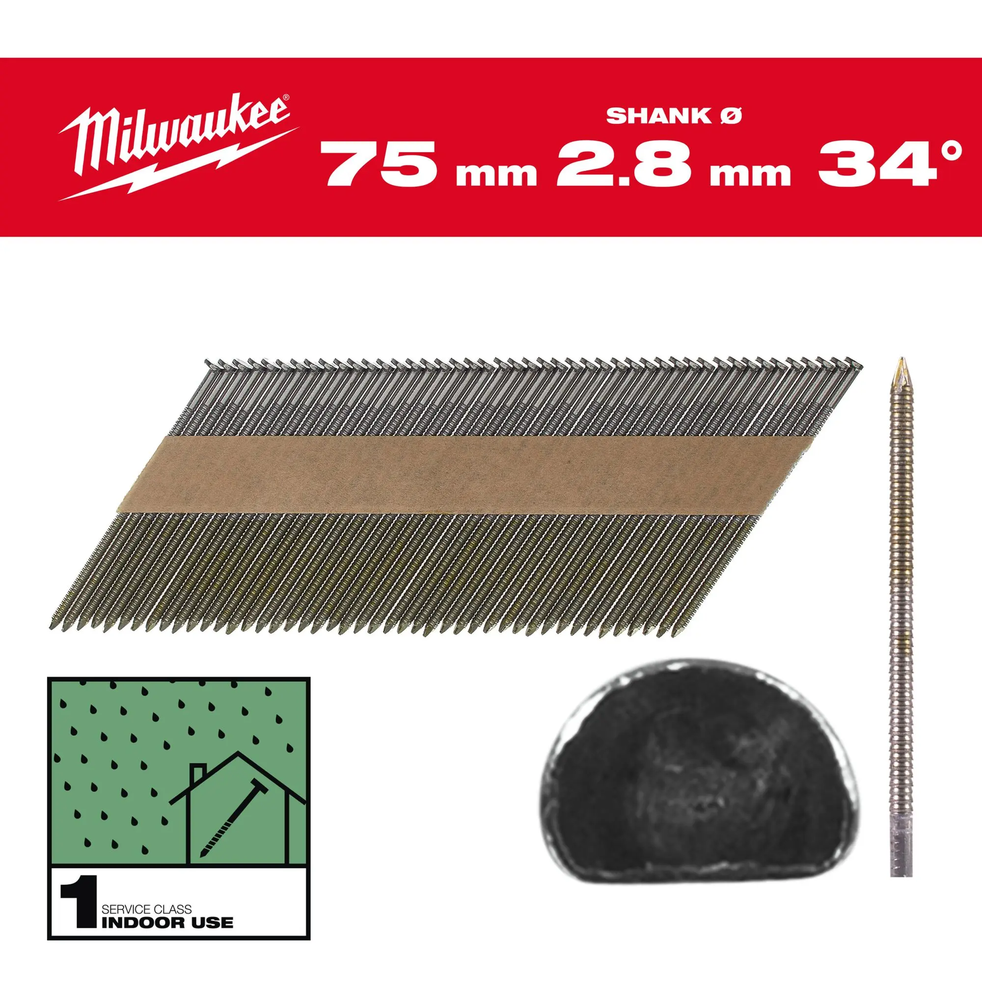 Produktfoto 1 von Milwaukee D-Kopf-Nägel für M18FFN 7,4 x 2,8 x 75 mm, Ringschaft blank, 34°