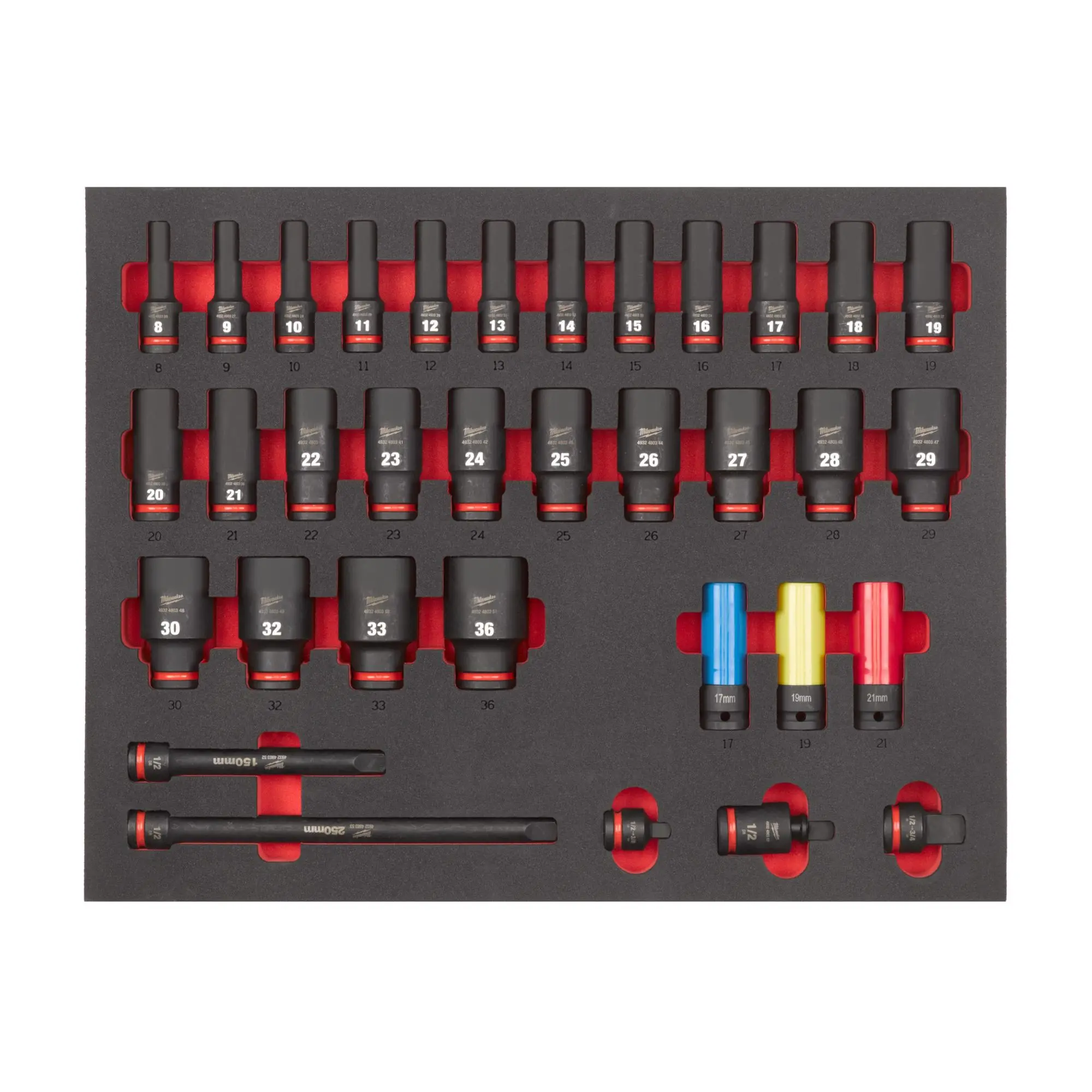 Produktfoto 1 von Milwaukee 34-teilige Einlage für Werkstattwagen 78 cm 1/2" SHOCKWAVE Schlagnüsse