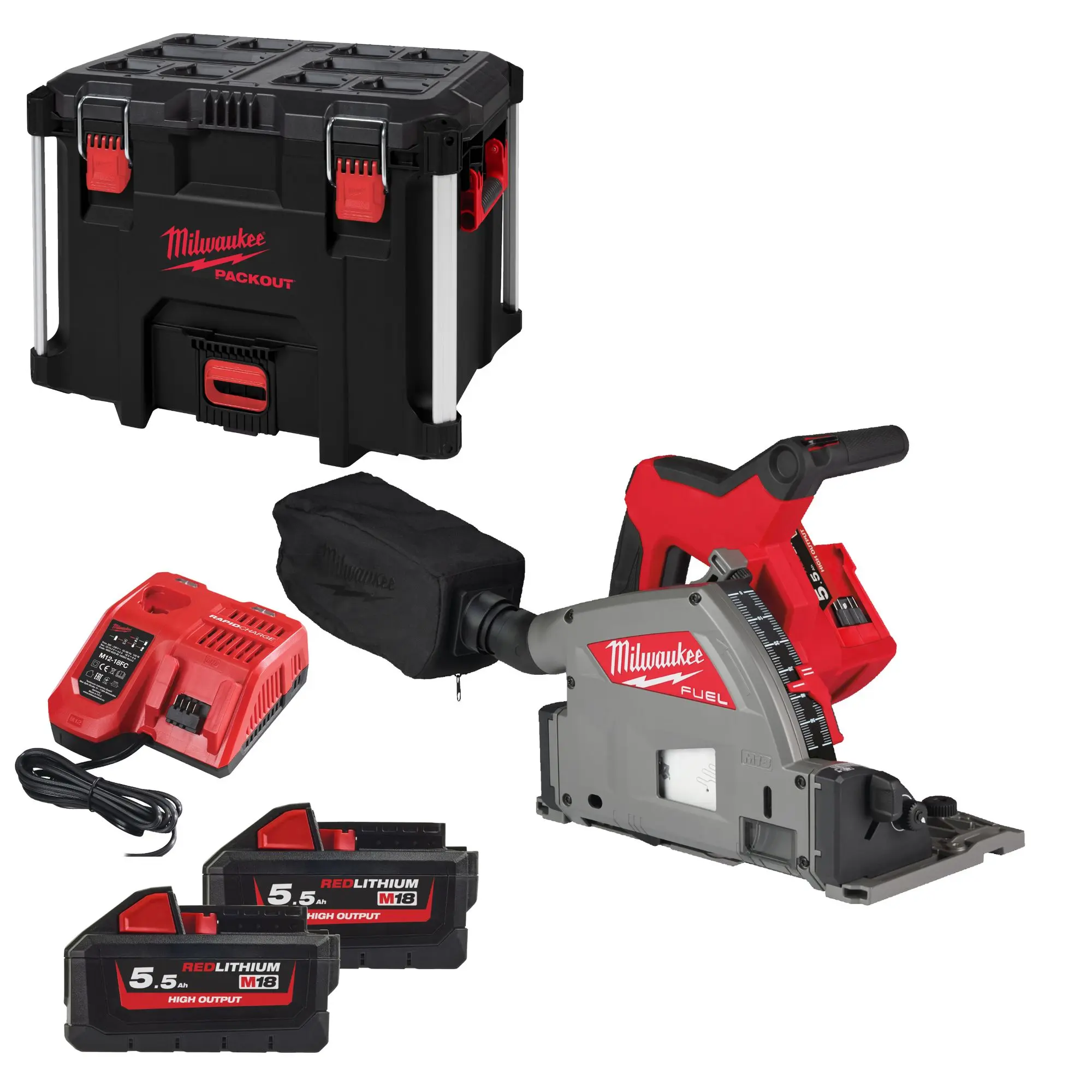 Produktfoto 1 von Milwaukee FUEL Akku-Tauchsäge M18FPS55-552P, 2x 5,5 HB und Lader in PACKOUT