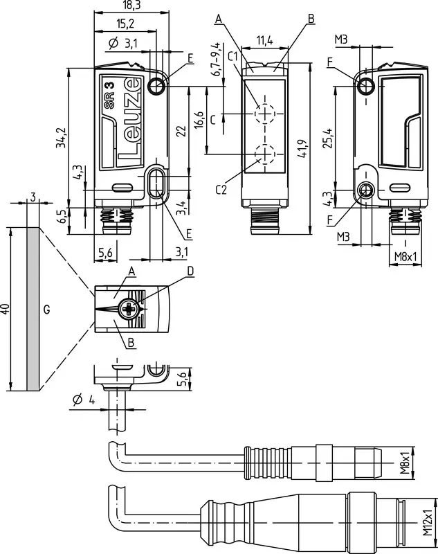 Produktfoto 1 von Leuze Electronic HT3C.HFVXL/6G-M8, Taster Hintergrundausblendung