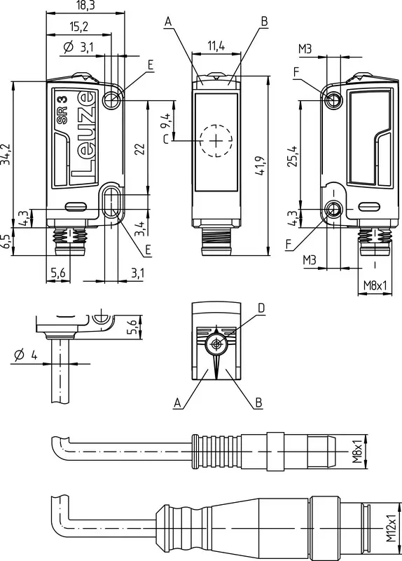 Produktfoto 1 von Leuze Electronic PRK3C.A3/6T-M8, Reflex-Lichtschranke polarisiert