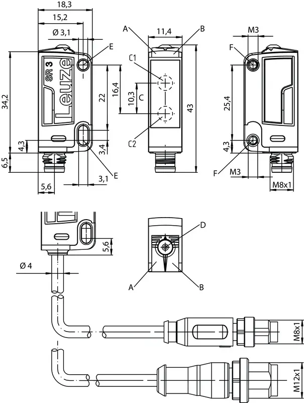 Produktfoto 1 von Leuze Electronic HT3C.3/6W-M8, Taster Hintergrundausblendung