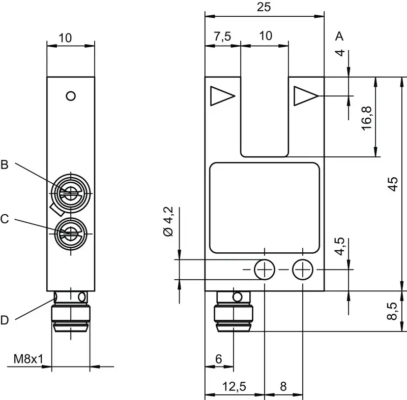 Produktfoto 1 von Leuze Electronic GS04B/P.1-10-M8.3, Gabel-Lichtschranke