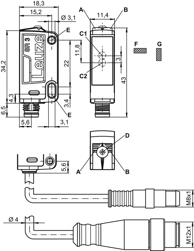 Produktfoto 1 von Leuze Electronic KRT3CM.L3D2/4T-M8, Kontrasttaster